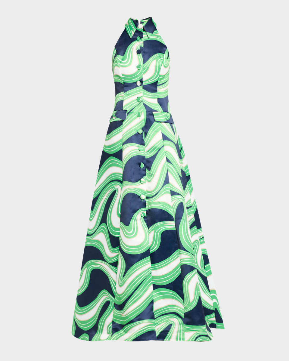 Official Swirl-Print Satin Halter Gown
